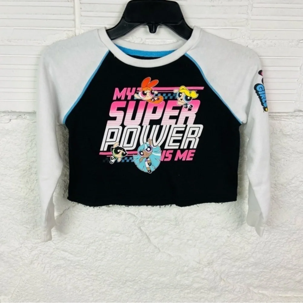 JUSTICE POWERPUFF fleece half cropped MY SUPER POWER IS ME girls shirt SZ XS 5/6